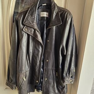 ANDREW MARC LARGE BLACK 3/4  distressed LEATHER  JACKET GOLD ZIPPER